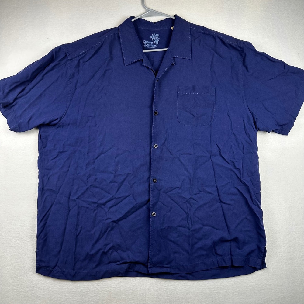 Tommy Bahama Shirt Mens XXL Navy Blue Silk Short Sleeve Original Fit Casual Camp